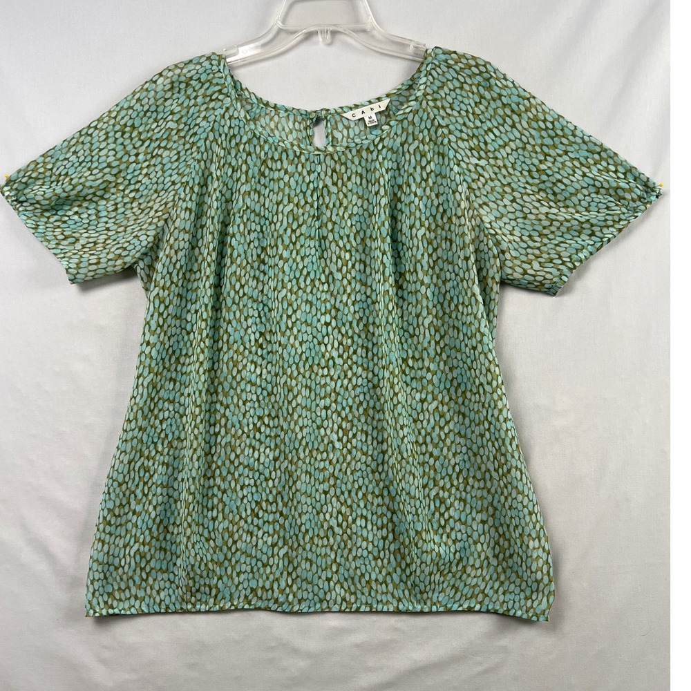 Cabi Top Womens Medium Teal Green Dot Sheer Short Sleeve Blouse Shirt